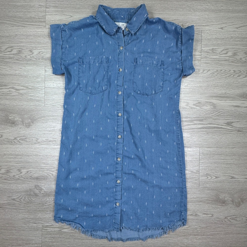 Thread & Supply Women's Dress Aztec Embroidered Blue XS Short Sleeve Frayed Hem